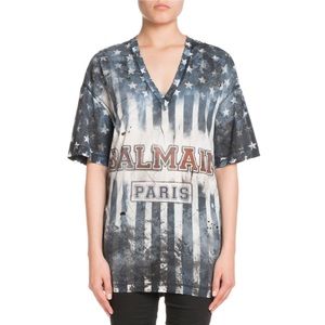 Balmain V-Neck Printed US-Flag Jersey T-Shirt